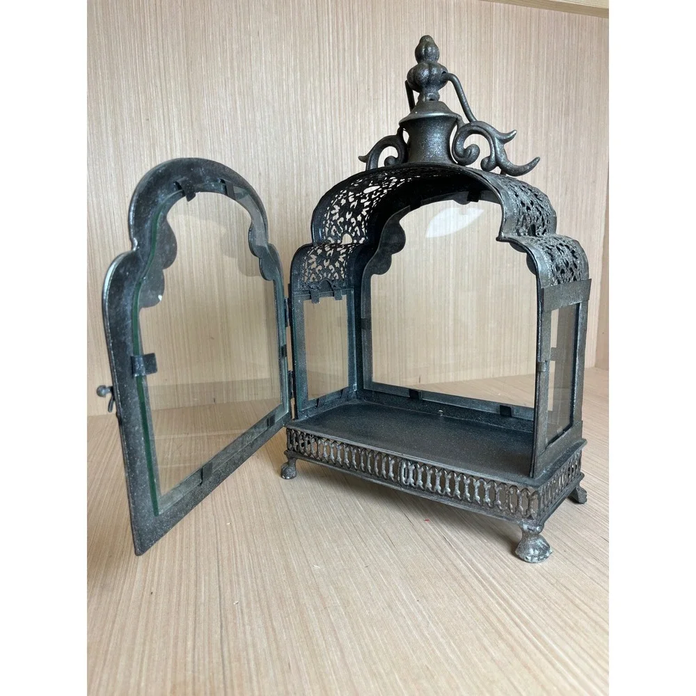 Vintage Moroccan Style Ornate Silver Metal Glass Filigree Candle Lantern Holder